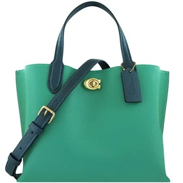 COACH Willow Tote 24專櫃款荔枝紋皮革撞色手提/斜背兩用包(湖水綠色)