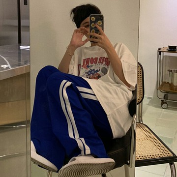 克萊因藍運動褲女夏季2022新款高腰寬松ins原宿風休閑闊腿拖地褲