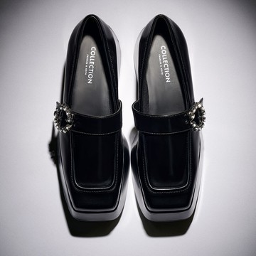 真皮水鑽釦厚底樂福鞋