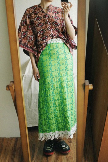 Vintage 特殊布料綠點點大象圖案長裙