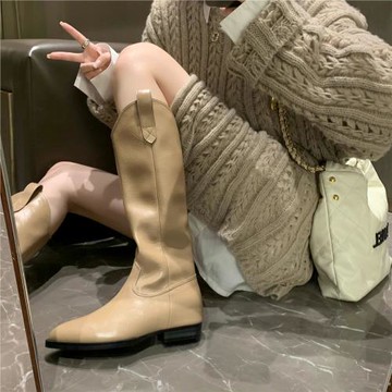 2025新款復古V口不過膝牛仔西部靴女冬粗跟尖頭高筒騎士靴長筒靴