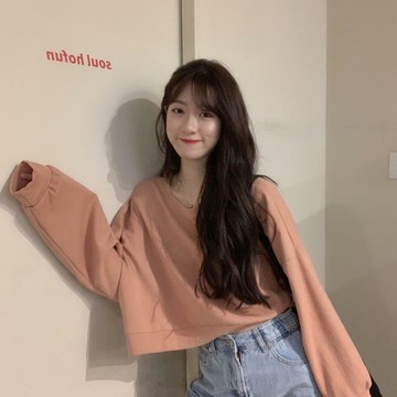 韓版復古色系寬鬆蝙蝠袖短版長袖上衣【W174】