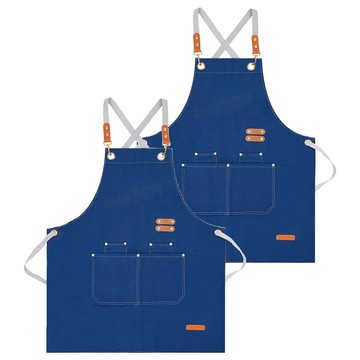 防潑水工作圍裙 帆布皮革金屬材質 廚房咖啡廳適用  深藍色  2件