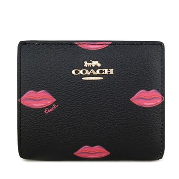 COACH 立體金馬車LOGO防刮皮革熱火紅唇圖騰對開式短夾(黑色)