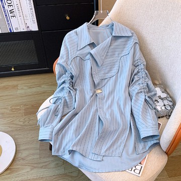 M-4XL 韓版慵懶風不規則條紋抽繩長袖襯衫 大碼女裝襯衫 小眾設計感 寬鬆修身顯瘦上衣 長款襯衫 上班穿搭 通勤OL