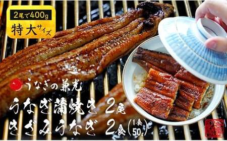 愛知県三河一色産うなぎ蒲焼き特大サイズ2尾 きざみうなぎ2食入りセット(長焼き2尾で400g  きざみうなぎ50g×2食)・U022-19