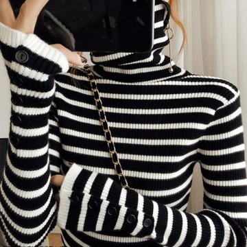 打底衫毛衣女內搭網紅修身顯瘦高領條紋針織小衫上衣學生緊身t恤