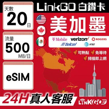 【LinkGO】白鑽卡 美加墨 eSIM卡 20天上網卡 每日500MB 高速流量(美國 加拿大 墨西哥)墨