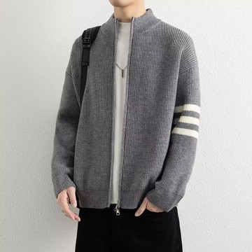 秋冬新款休閒百搭寬鬆上衣男時尚潮流條紋長袖毛衣男