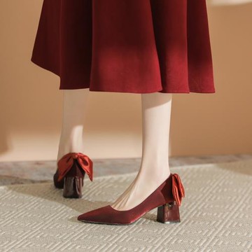法式訂婚鞋女秀禾婚紗兩穿紅色2025新款結婚新娘鞋粗跟孕婦不累腳