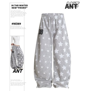 【ANT】復古星星滿印鬆緊抽繩休閑闊腿衛褲 長褲 衛褲 休閑褲 闊腿褲 運動褲 休閑長褲 寬鬆長褲 女生褲子 設計感褲子