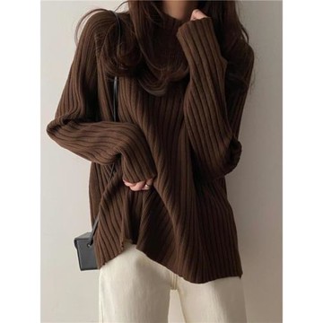 大碼咖色毛衣女早春秋冬季胖mm中長款寬松慵懶風半高領針織打底衫