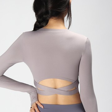 短版背交叉含罩杯套指瑜珈/運動/機能長袖*