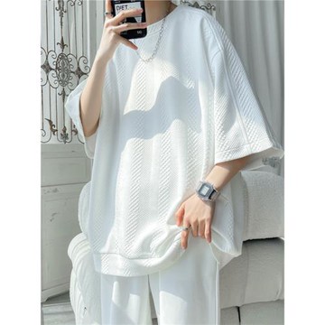 華夫格白色t恤美式短袖男款半袖潮牌潮流夏季寬松大碼七分袖體恤