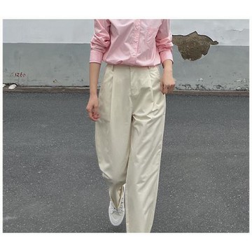 左手日記夏新日系直筒哈倫褲米白色女褲寬松顯瘦舒適薄款梨形褲子