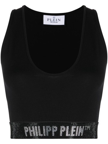 Philipp Plein - crystal-embellished logo-band tank top - women - Cotton/Elastane/Glass Fiber/Polyester - M - Black