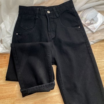 黑色闊腿牛仔褲女新款冬季小個子高腰顯瘦直筒百搭老爹褲子