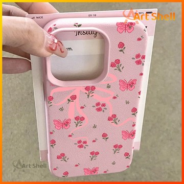 蘋果16promax 手機殼粉花蝴蝶結底紋iPhone 15新款14 13 12 11 7P8P手機保護套xs xr創意