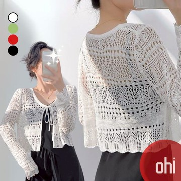 【ohi】防曬針織開衫 縷空罩衫 薄款V領抽繩 罩衫 防曬衫 外套 小外套 開衫外套 女上衣 女裝 GWD5737