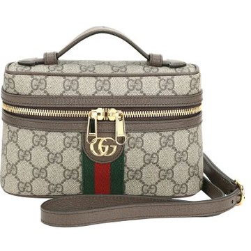 GUCCI 古馳 Ophidia GG Supreme 綠紅綠織帶手拿/斜背化妝箱包(烏木色)