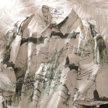 中國風文藝涂鴉短袖襯衫女2026新款潮牌寬松休閑情侶垂感半袖襯衣