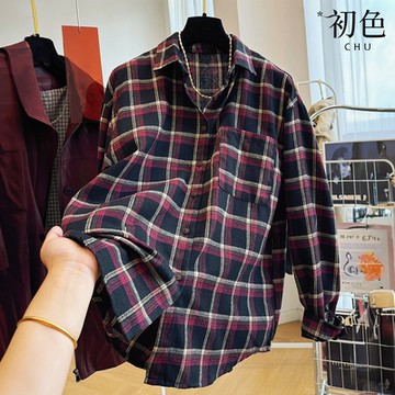 初色 休閒復古格紋格子翻領長袖襯衫寬鬆上衣女上衣-黑紅格紋-38517(M-2XL可選)