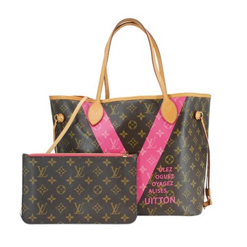 Louis Vuitton  Neverfull MM 帆布螢光粉V托特包