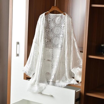 真絲水溶蕾絲流蘇刺繡開衫女寬松防曬衣2025新款沙灘薄款外搭披肩
