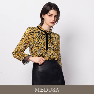 現貨【MEDUSA 曼度莎】黃色花卉紋理雪紡上衣（M-2L）｜女長袖上衣 上班穿搭