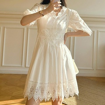 【巴黎精品】現貨+預購 洋裝短袖連身裙-刺繡蕾絲法式設計感女裙子a1cc28