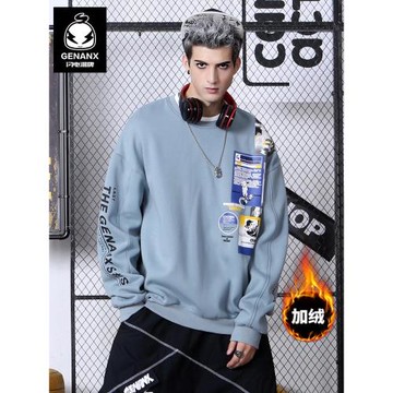 GENANX閃電潮牌圓領套頭情侶裝加絨加厚衛衣男女款秋冬季新款衣服
