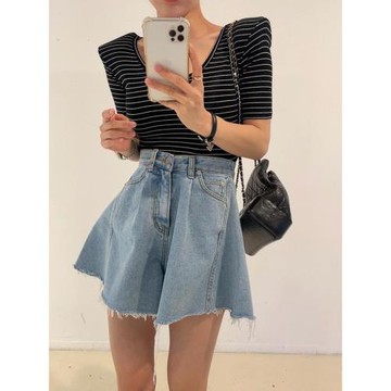 韓國東大門chic風高腰闊腿A字型顯瘦牛仔短褲女復古時髦裙褲熱褲