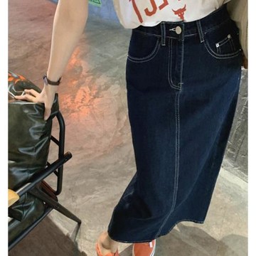 2025年大碼開叉裙復古牛仔裙韓版百搭春夏高腰顯瘦中長款半身裙女