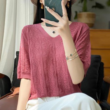 預購BRIGA BN03DMR-531設計師鏤空v領簡約短袖純色休閒薄款針織上衣