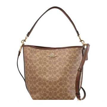 COACH CT802 經典LOGO印花皮革兩用大水桶包.駝/咖邊
