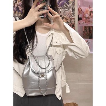 韓國小眾設計百搭鏈條雙肩包小香風水桶包女高級質感油蠟皮小背包