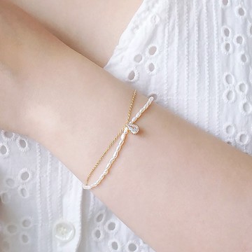 愛情 桃花 x 珍珠 鋯石 18K金 手作 雙層【輕輕告白。暖心】 手鍊