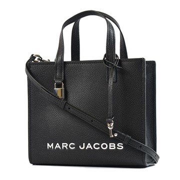 MARC JACOBS 白色LOGO荔枝紋手提/斜背二用鎖頭包-黑色/小