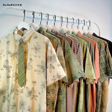 古著vintage巴洛克復古花短袖襯衫男女設計小眾港風chic領帶襯衣