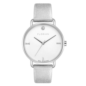 鑽石 白金色皮帶 簡約36mm手錶 | 玫瑰金/金/銀