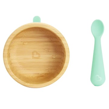 munchkin 滿趣健 竹製可拆吸盤碗 + 矽膠湯匙組 6個月以上寶寶適用  1盒  原木色 + 綠色