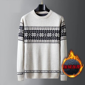 加絨毛衣男圓領套頭上衣加厚秋冬季打底衫提花寬松休閑長袖針織衫