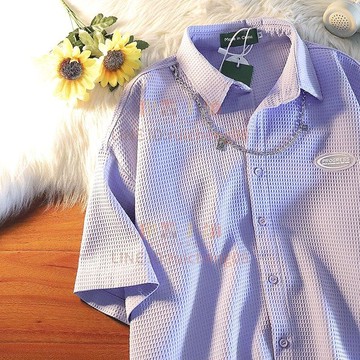 短袖襯衫華夫格時尚百搭男女港風設計感小眾上衣美式高街潮牌痞帥項鏈夏季【倪醬】