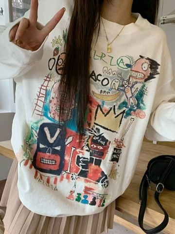秋季新款俏皮減齡塗鴉印花中長款長袖T恤女ins國潮牌寬鬆女生上衣