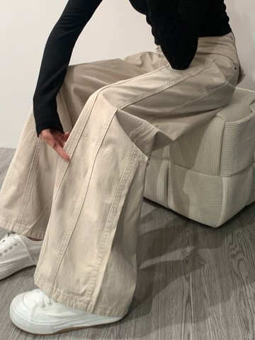 Chubchic中大尺碼 S-5XL 杏色直筒牛仔褲女2025年秋季大碼胖mm高腰寬鬆遮胯顯瘦闊腿工裝褲