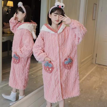 女童睡袍珊瑚絨睡衣秋冬季加厚可愛草莓女孩浴袍冬天法蘭絨家居服