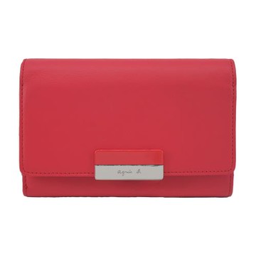 agnes b.金屬方牌釦翻蓋皮革中夾-紅
