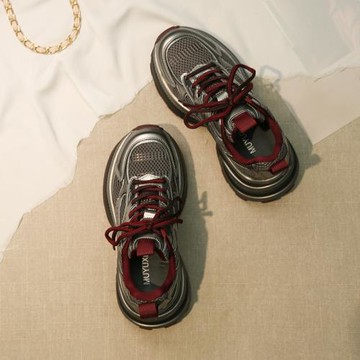 韓國老爹鞋女冬厚底2025新款真皮增高小個子休閑鞋紅色甜酷運動鞋