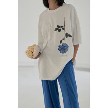 復古藍色玫瑰印花短袖T恤寬松甜酷少女圓領上衣女體恤潮2025夏季