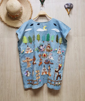 手工刺繡開衫-棉、野營、狐狸、鹿、兔、浣熊、刺猬